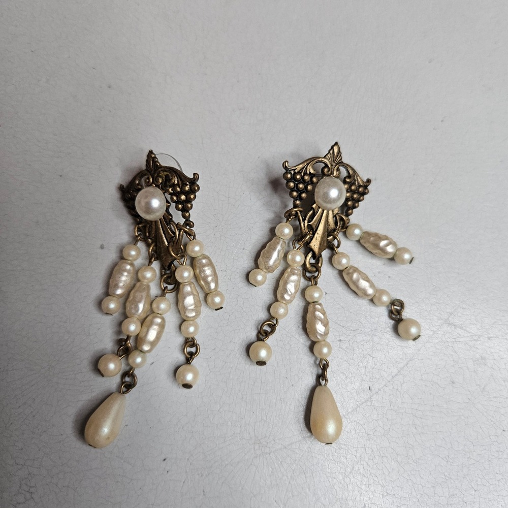 Vintage Antique Brass Faux Pearl Chandelier Earrings Victorian Style Dangle